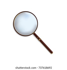 Isolated vector magnifying glass with broun wood handle.