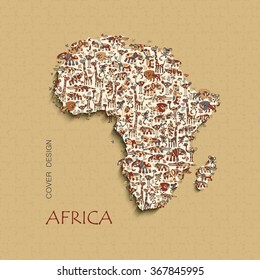 Isolated vector map of Africa with wild animals savanna. Funny colorful lion, elephant, giraffe, croc, hippo, rhino, ostrich, monkey. Hand-drawn design elements. Abstract form for your project.