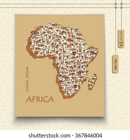 Isolated vector map of Africa with wild animals savanna. Funny colorful lion, elephant, giraffe, croc, hippo, rhino, ostrich, monkey. EPS10 vector file organized in layers for easy editing. 