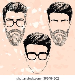 Isolated vector, men's hairstyle modern combined beard and glasses, in different variations, hipster style.