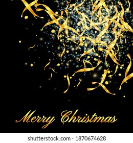 Isolated Vector.  Merry Christmas, text Banner. Shiny Bright Falling Confetti decoration Party Background. Holiday Greeting Card. 2021 New Year design with Glitter and Gold Confetti. Xmas celebration concept.