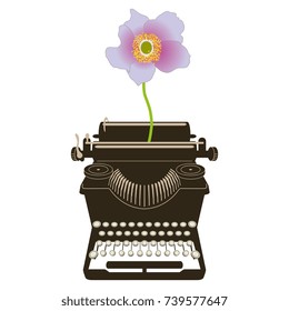 Isolated vector metaphor based illustration. Beautiful flower sprouting from vintage typewriter. Poster idea, emblem for poetry festival. Metaphor for inspiration.