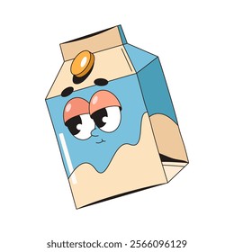 Isolated vector milk character in carton box. Funny icon of comic dairy product for breakfast. Anthropomorphic food with face. Drink pop art. Healthy and sweet dessert. Mascot for diet poster or print