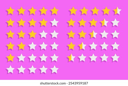 Isolated vector modern illustration of a star rating system. Five-star rank icon set suitable for websites and consumer review platforms. Collection stars with shadow on pink background.