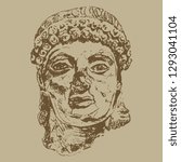 Isolated vector monochrome illustration. Ancient Greek goddess Athena. Damaged and broken head of antique sculpture. Hand drawn linear doodle sketch. 