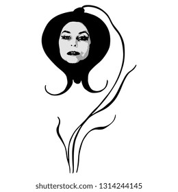 Isolated vector monochrome illustration. Silhouette of fantastic flower with female face.