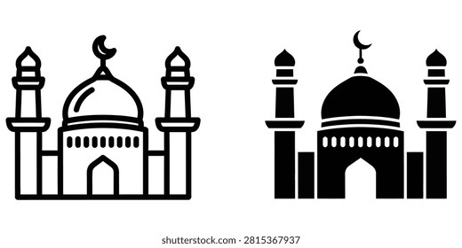 Isolated vector a mosque with minarets and dome featuring a crescent moon atop. Ideal for religious or cultural design projects.