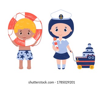 Isolated vector objects, boy holds the life buoy and girl with the lighthouse and cruise liner. Best friends play marine game. Kid in a captain hat and sailor suit. 
