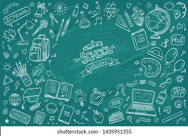 Isolated vector objects with lettering. Hand drawn illustartion with back to school doodles.