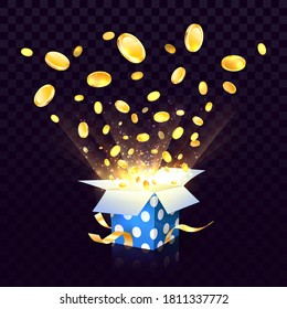 Isolated vector open textured gift box with coins explosion out on the transparent background. Big win of wealth design elements