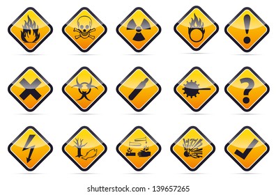 Isolated vector orange Danger sign collection with black border, reflection and shadow on white background