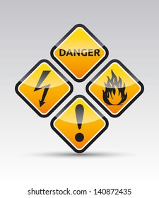 Isolated vector orange Danger sign collection with black border, reflection and shadow on white background