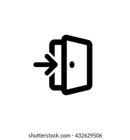 Isolated vector outlined entrance icon. Black contoured  open door with an arrow on the white background.