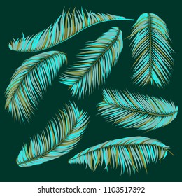 Isolated Vector Palm Leaves. Creative Tropic Foliage. Floral Elements Set. Illustration of Jungle Plants. Realistic Palm Leaves for Pattern, Wallpaper, Print, Fabric, Textile or Your Creative Design.