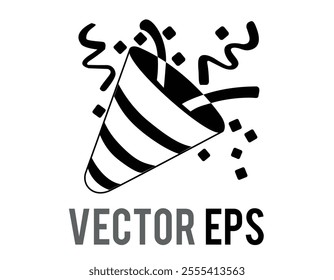 The isolated vector party popper black icon with confetti and streamers for celebration, occasions such as new year's eve, christmas, birthday, wedding day, graduation, anniversary