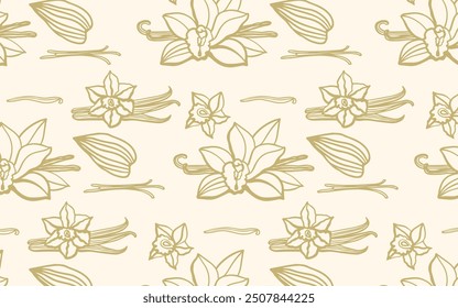 Isolated vector pattern of vanilla. Gold vanilla sticks, vanilla flower and pods. Aroma, food, cookery. Hand drawn. illustration of vanilla flower, bean and pods on isolated white background.