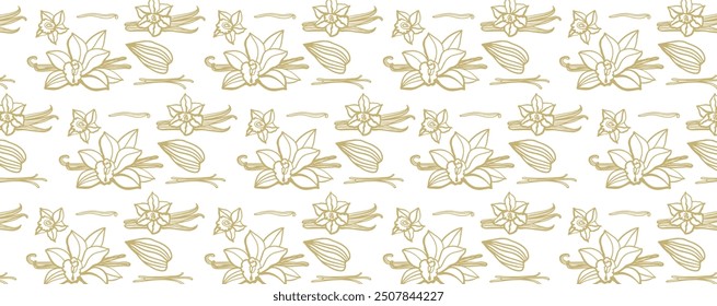Isolated vector pattern of vanilla. Gold vanilla sticks, vanilla flower and pods. Aroma, food, cookery. Hand drawn. illustration of vanilla flower, bean and pods on isolated white background.