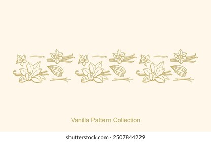 Isolated vector pattern of vanilla. Gold vanilla sticks, vanilla flower and pods. Aroma, food, cookery. Hand drawn. illustration of vanilla flower, bean and pods on isolated white background.