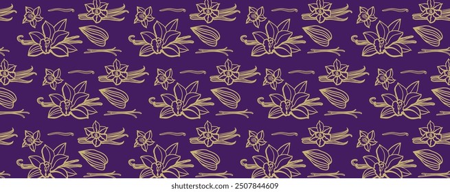 Isolated vector pattern of vanilla. Gold vanilla sticks, vanilla flower and pods. Aroma, food, cookery. Hand drawn. illustration of vanilla flower, bean and pods on isolated dark background.