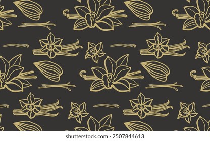 Isolated vector pattern of vanilla. Gold vanilla sticks, vanilla flower and pods. Aroma, food, cookery. Hand drawn. illustration of vanilla flower, bean and pods on isolated dark background.