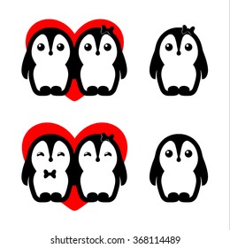 Isolated vector penguin couple logo set. Winter illustration. Animals icon. Valentines Day greeting card element. Children's toys.Cute male and female birds in love illustration. 