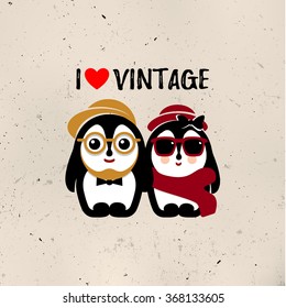 Isolated vector penguin couple logo. Winter vintage  illustration. Animals icon. Stylish children's toys.Cute male and female birds in retro clothes illustration. Fashionable accessories.