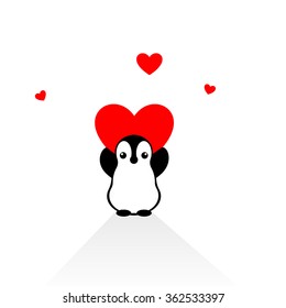 Isolated vector penguin logo. Designed animals icon. Cartoon illustration. Winter signs. Black, white and red. Graphic illustration for St.Valentines Day. Flat heart symbol. Love greeting card. Amour.