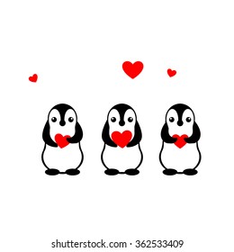 Isolated vector penguin logo. Designed animals icon. Cartoon illustration. Winter signs. Black, white and red. Graphic illustration for St.Valentines Day. Flat heart symbol. Love greeting card. Amour.