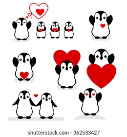 Isolated vector penguin logo. Designed animals icon. Cartoon illustration. Winter signs. Black, white and red. Graphic set for St.Valentines Day.Flat heart symbol.Love greeting card. Amour collection.