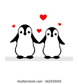 Isolated vector penguin logo. Designed animals icon. Cartoon illustration. Winter signs. Black, white and red. Graphic illustration for St.Valentines Day. Flat heart symbol. Love greeting card. Amour.