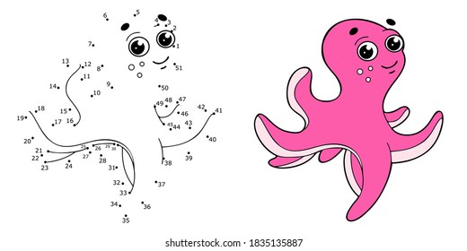 Isolated vector pink octopus on the white background. Children`s dot to dot game. Learning activity.   