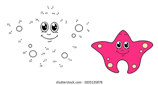 Isolated vector pink seastar on the white background. Children`s dot to dot game. Learning activity.   