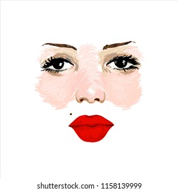 Isolated vector pin-up sketch portrait of a girl with red lips and a mole.