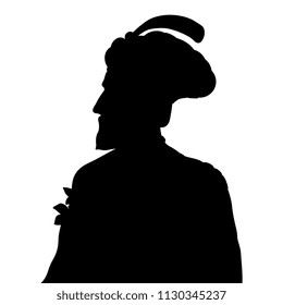 Isolated Vector Portrait Of A Medieval Muslim Bearded Man In Turban. Black Silhouette On White Background.