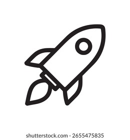 An isolated vector portrays a minimalist rocket icon in black lines, showing its launching with flames, set against a clean white backdrop, ideal for various creative applications.