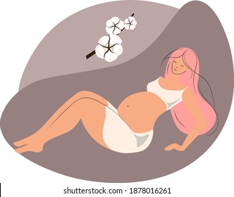 
Isolated vector of pregnant woman. Modern minimalistic illustrations. The pregnant woman is lying, trying to get up. The mother is waiting for the newborn. Mother care concept. Beautiful feminine 