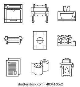 Isolated vector printer icons set. Document print equipment. Color printer on white background. Photocopier tool collection. Business copy, offset and laser print. Media industry graphic symbols. 