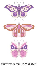 Isolated vector purple butterflies set in trendy groovy style. Retro element with 70s vibes is perfect for stickers, prints, posters, flyers, gift decoration etc.