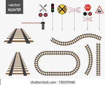 Isolated vector rails set with railroad signs. Railways on transparent background.
