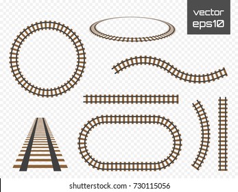 Isolated vector rails set. Railways on transparent background.