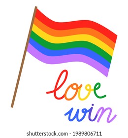 Isolated vector of rainbow flag for pride month with ‘love win’ wording