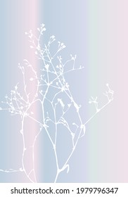 Isolated vector realistic  herb, plant or twig on pastel colored iridescent background. Minimalist poster or card concept with delicate silhouettes of organic shapes. Modern abstract botanical artwork