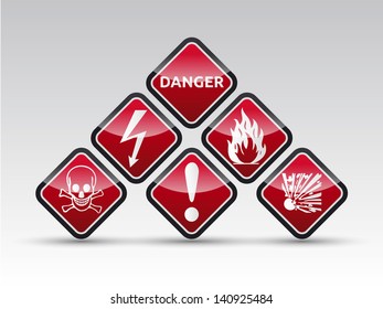 Isolated vector red Danger sign collection with black border, reflection and shadow on light background