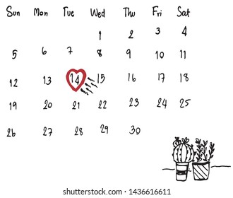 Isolated vector of red heart highlighter on black and white calendar, Concept of fertility chart, trying to have baby and natural contraception, Reminder Ovulation in graph, Planning of pregnancy.