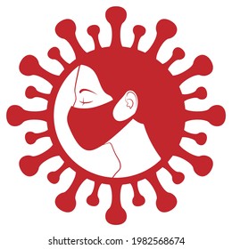Isolated vector red logo with a female profile in a medical mask in the round silhouette of coronavirus, a red silhouette of the covid-19 virus, a white silhouette of a women in a mask