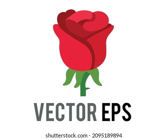 The isolated vector red rose flower icon with green stem and leaves