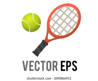 The isolated vector red tennis racket, racquet and green ball sport equipment icon
