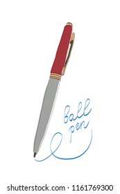Isolated vector of red-silver avtomatic ball pen in doodle style