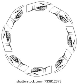 Isolated vector ring made of pointing human hands. Vintage etching engraving style. Black and white graphic. Clockwise.