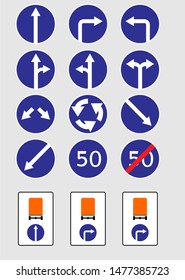 Isolated. Vector. Road sign. Prescriptive signs. Movement, direction, arrow. Detour obstacles, circular motion, the minimum speed limit.